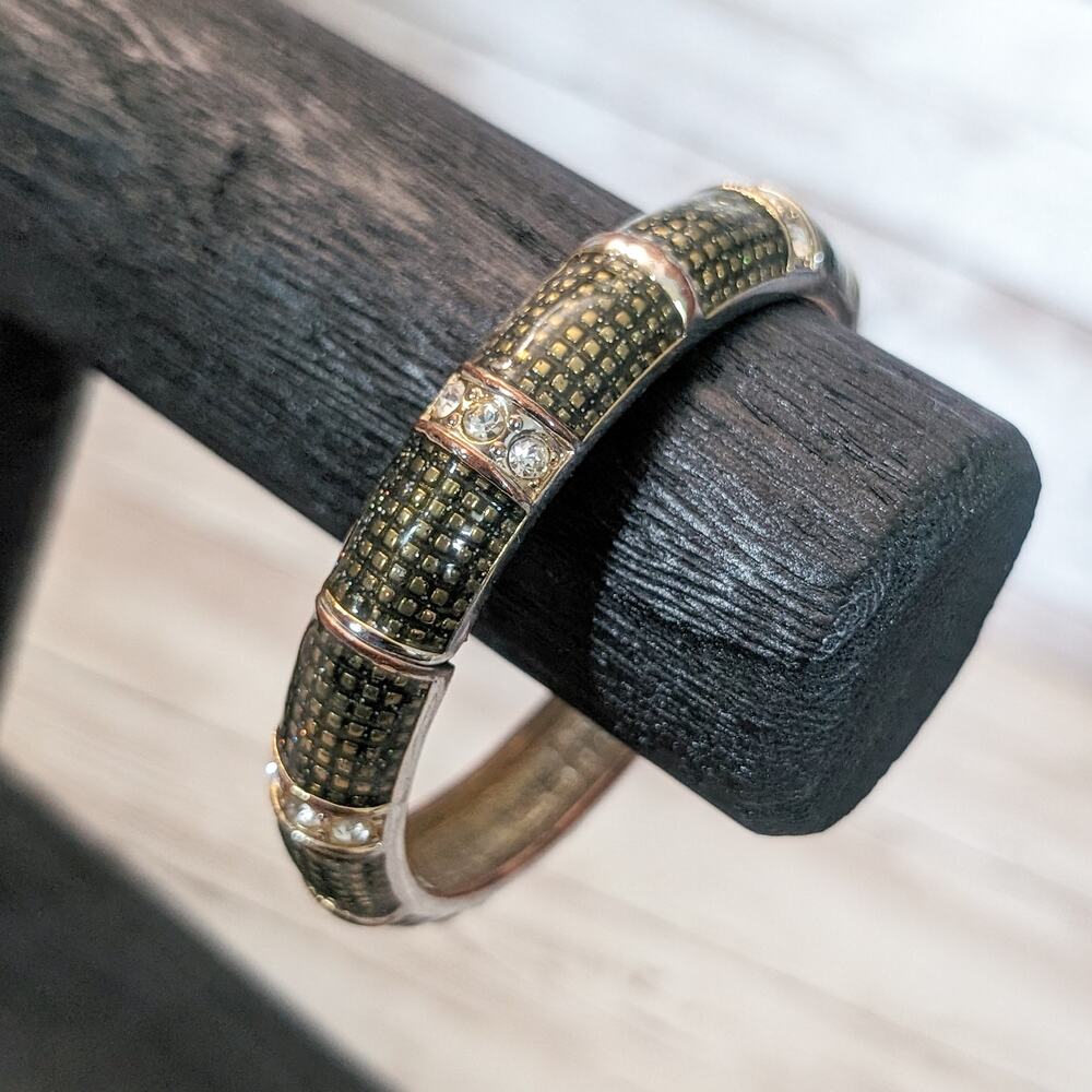 Vintage Hinged Bracelet / Bangle - Green Tone with Clear Gems